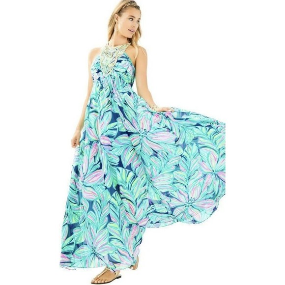 Lilly Pulitzer NEW Lannette High Tide Dancing Lady Gold Beads Maxi Dress 2 $368 - Picture 5 of 16
